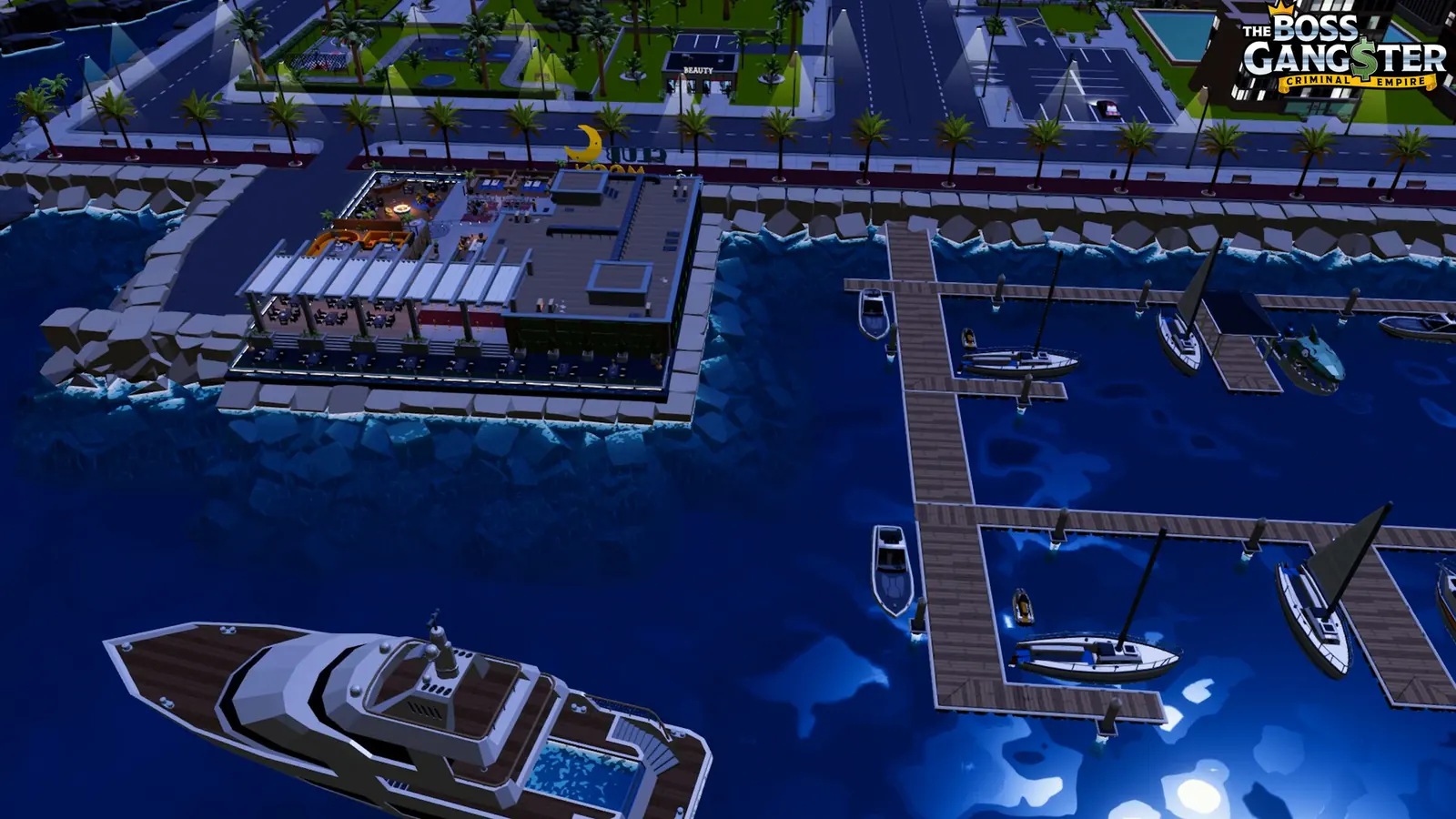 Night harbor in The Boss Gangster: Criminal Empire. Open the download page for Steam, GOG, and the demo.